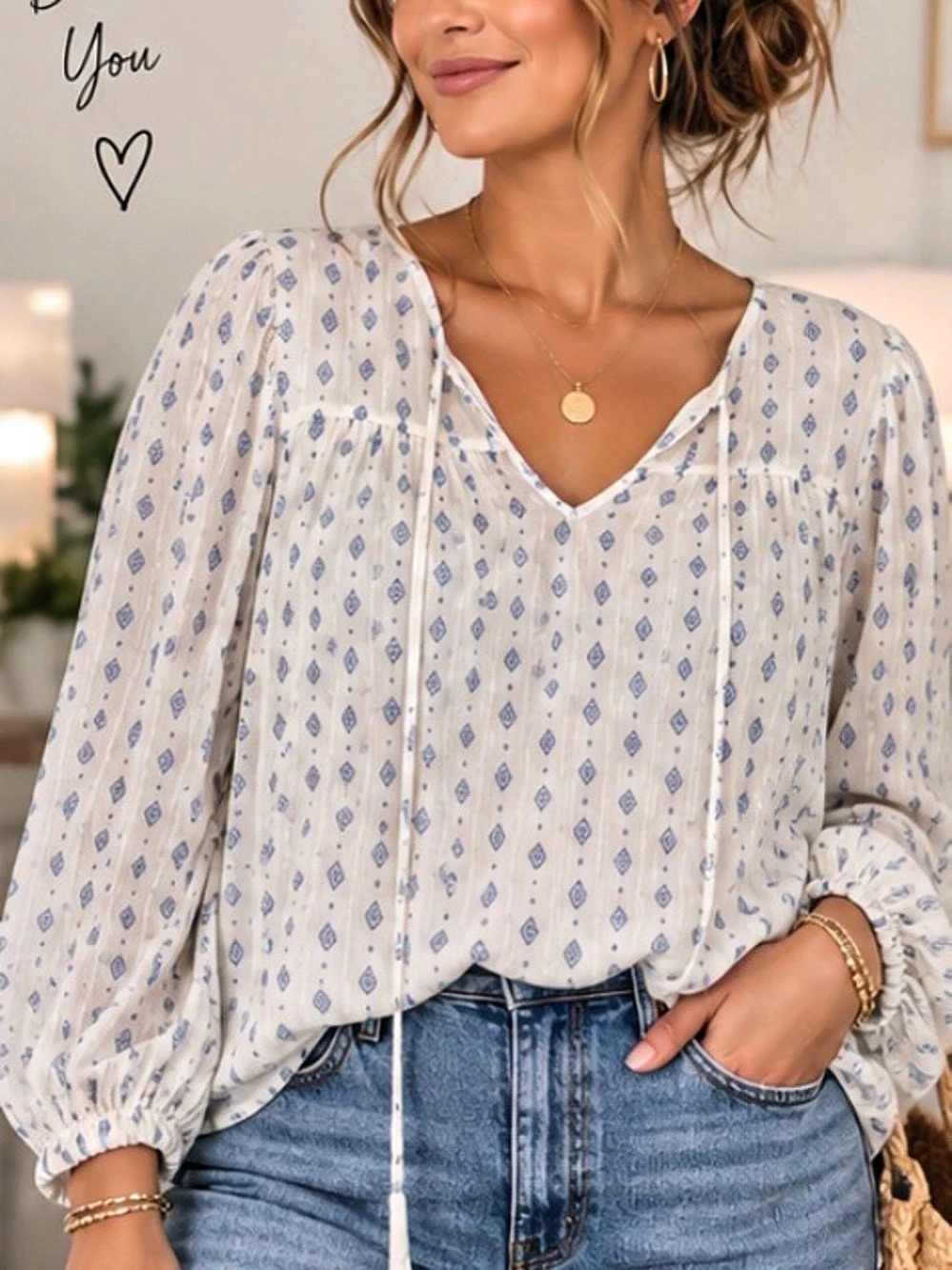 21” ptpOld Navy Long-Sleeve Tie-Neck Georgette Blouse White & Blue 2X Like New